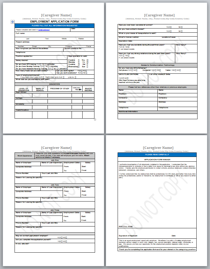 Free Printable Caregiver Forms Printable Templates 7667