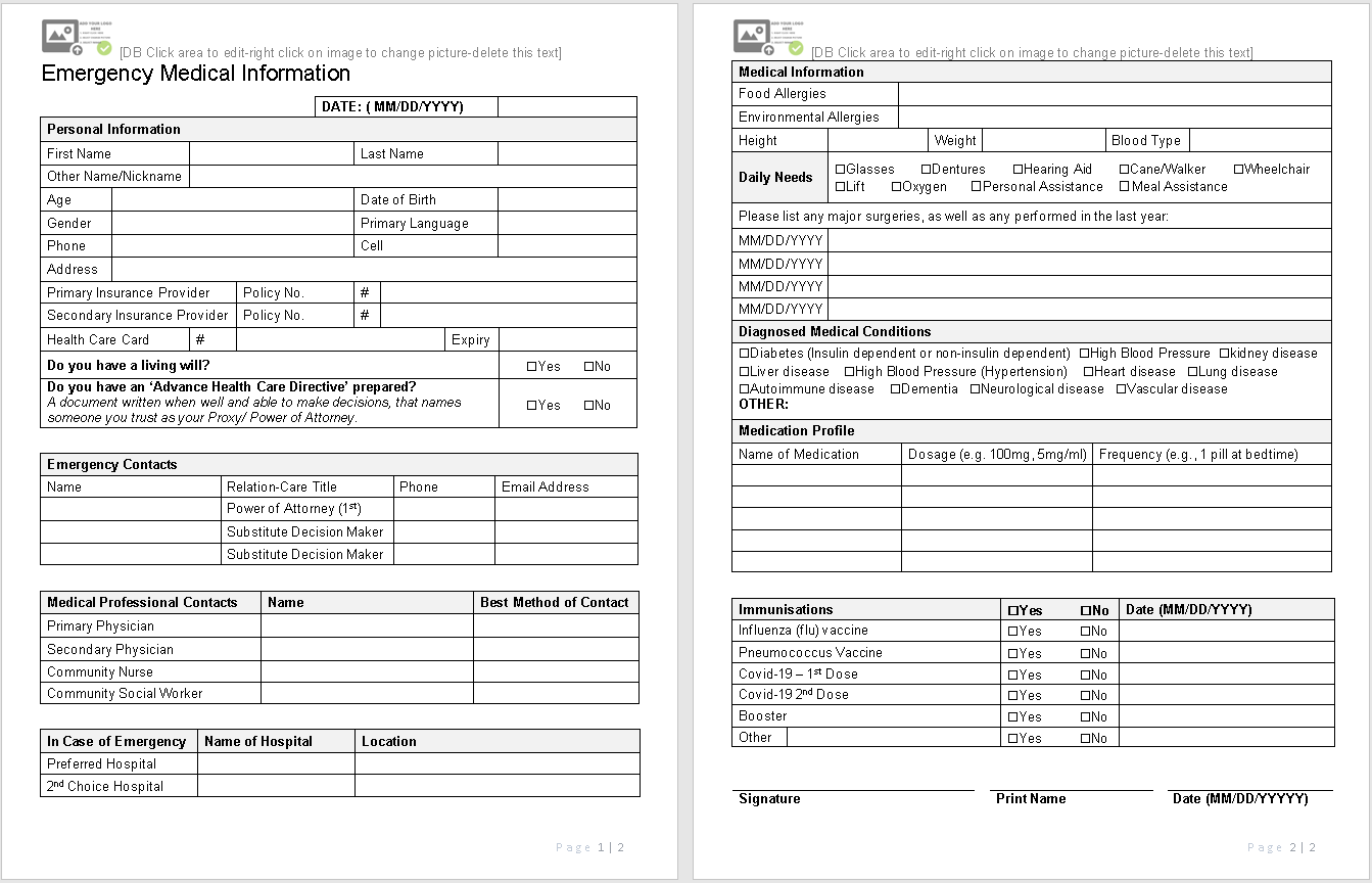 emergency medical information template-sample - Wise Caregiving®
