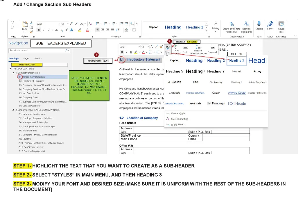 Change Section Sub-Header in Word