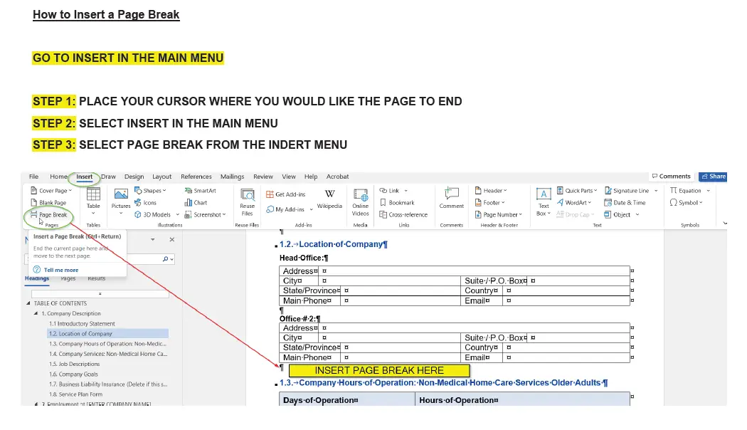 How to add page break in Microsoft word
