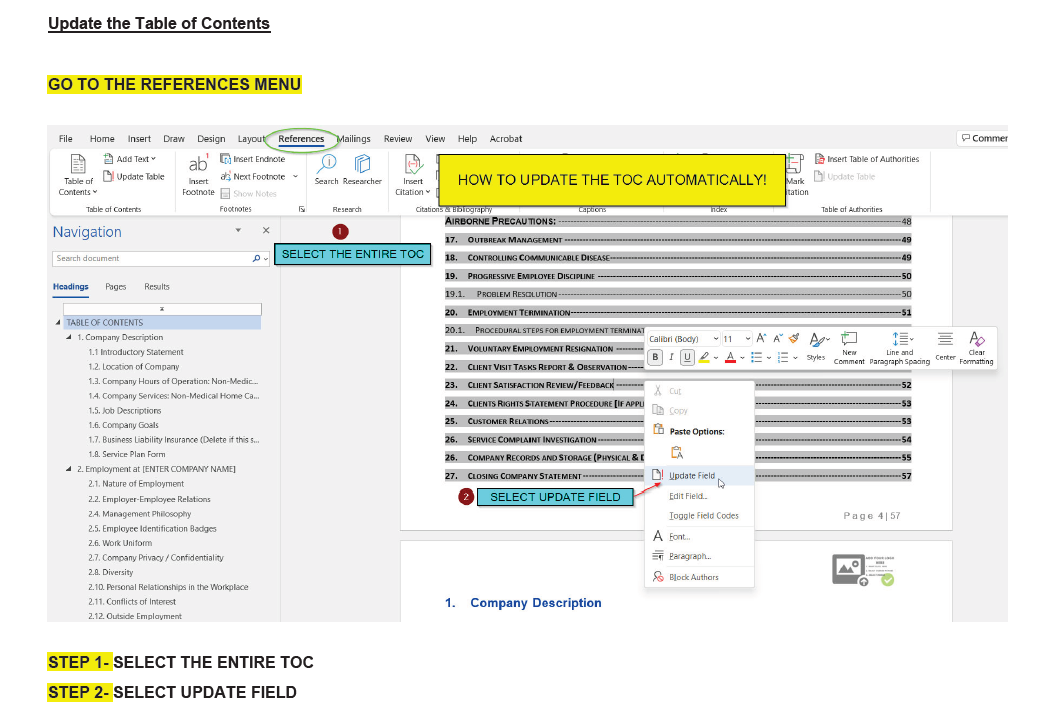 Update Table of Contents in Word