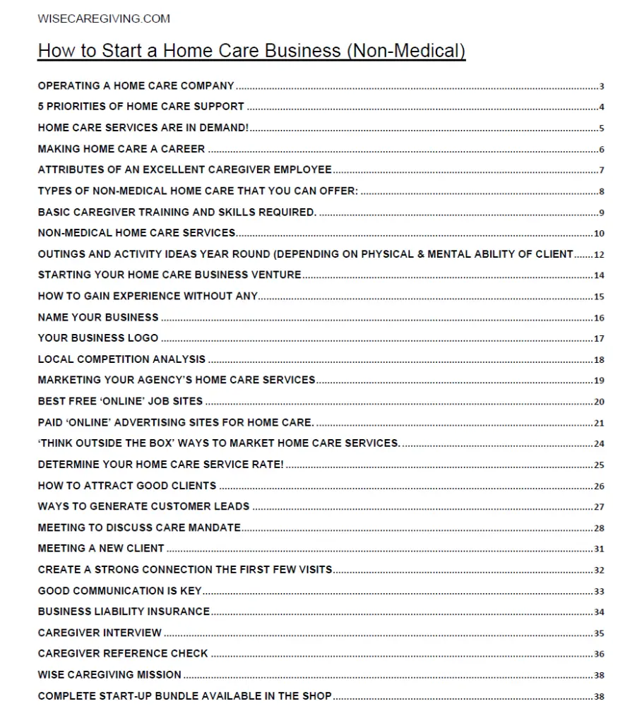 How to Start a Home Care Business Guide Table of Contents