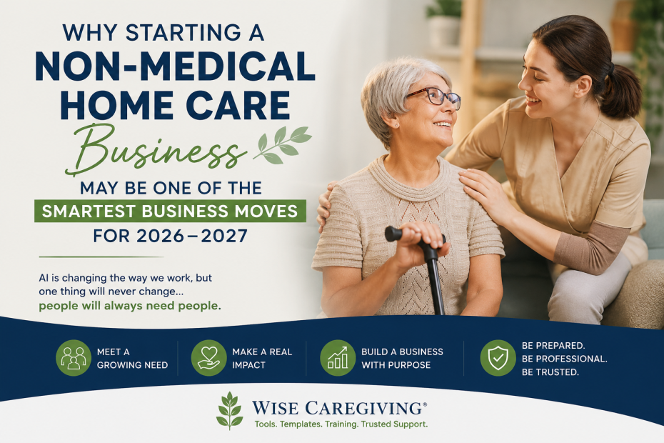 Featured image for a Wise Caregiving® blog article about starting a non-medical home care business in 2026–2027, showing a caregiver supporting an older adult at home with messaging about human-centered care, business purpose, and trust.