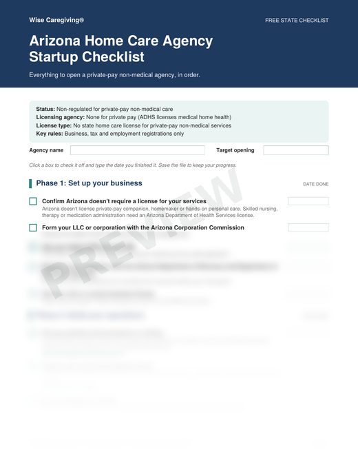 Preview of the free Arizona home care agency startup checklist, page 1