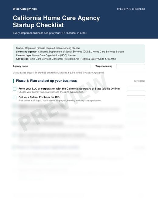 Preview of the free California home care agency startup checklist, page 1