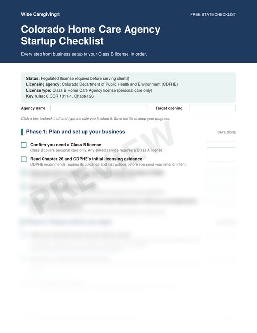 Preview of the free Colorado home care agency startup checklist, page 1