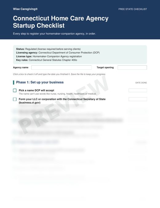 Preview of the free Connecticut home care agency startup checklist, page 1