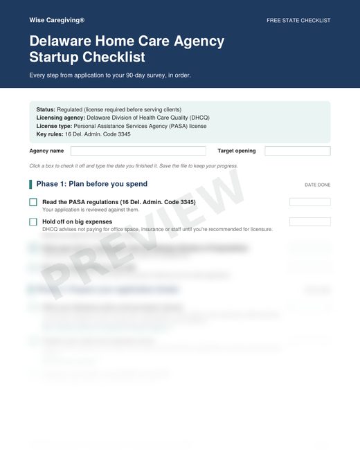 Preview of the free Delaware home care agency startup checklist, page 1