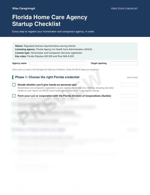 Preview of the free Florida home care agency startup checklist, page 1