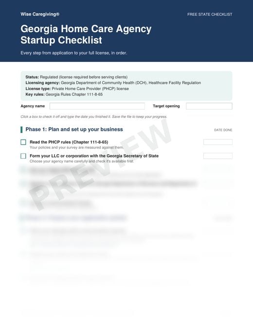 Preview of the free Georgia home care agency startup checklist, page 1