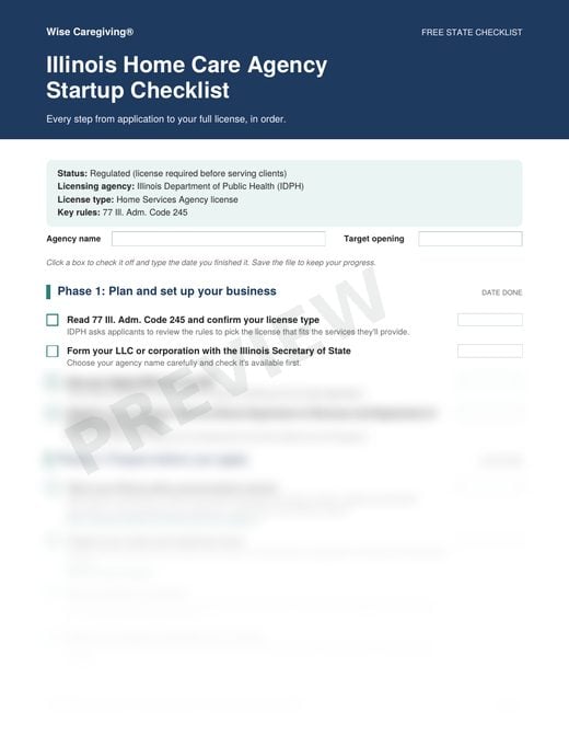 Preview of the free Illinois home care agency startup checklist, page 1