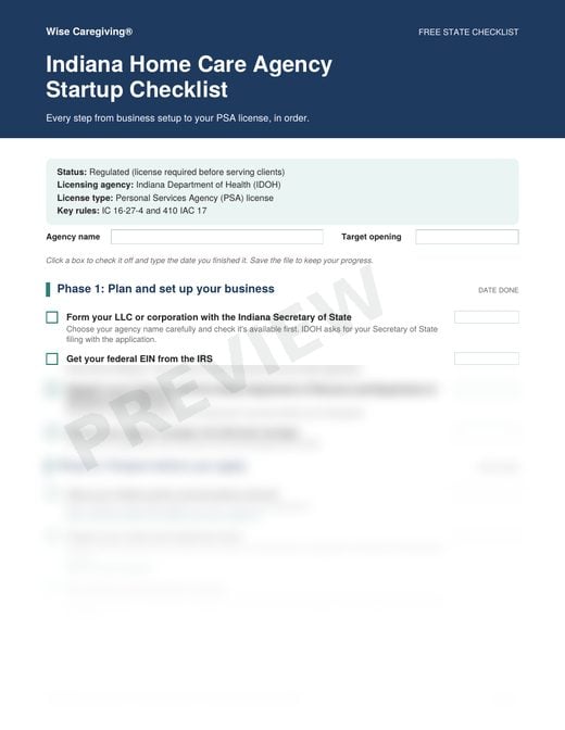 Preview of the free Indiana home care agency startup checklist, page 1