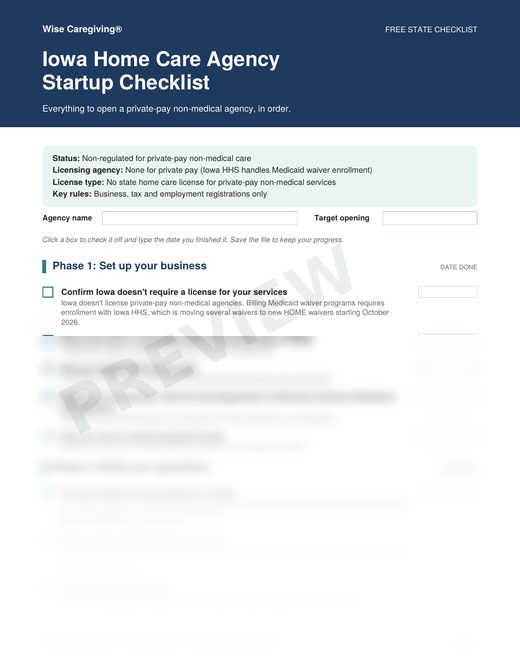 Preview of the free Iowa home care agency startup checklist, page 1