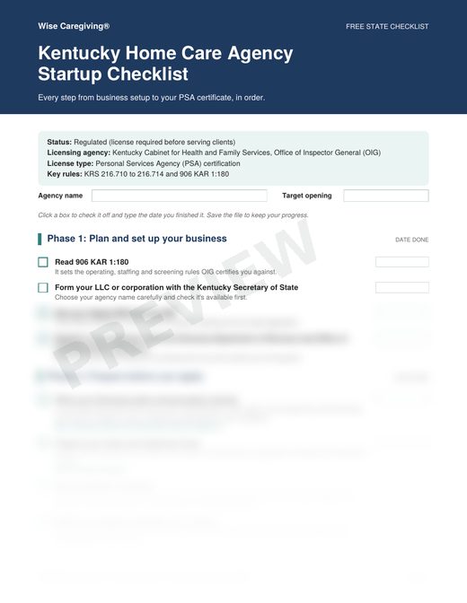 Preview of the free Kentucky home care agency startup checklist, page 1