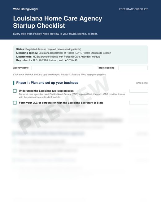 Preview of the free Louisiana home care agency startup checklist, page 1