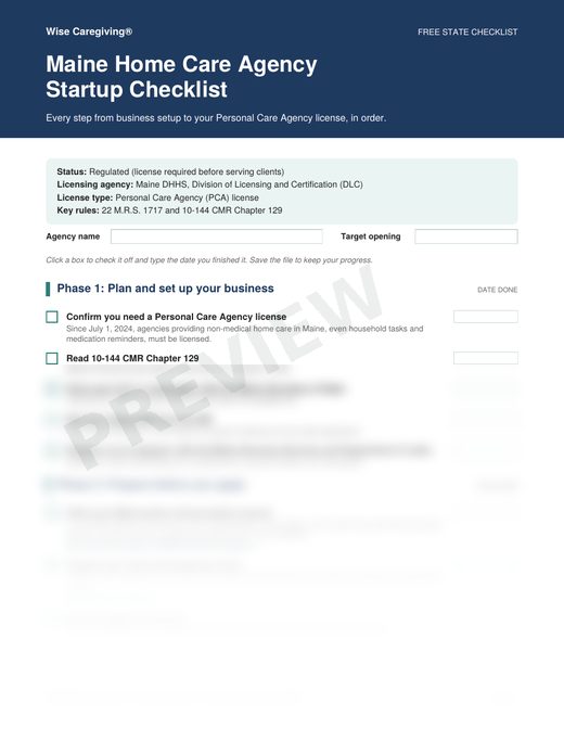 Preview of the free Maine home care agency startup checklist, page 1