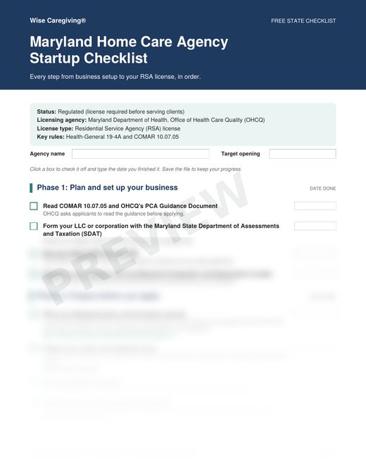 Preview of the free Maryland home care agency startup checklist, page 1