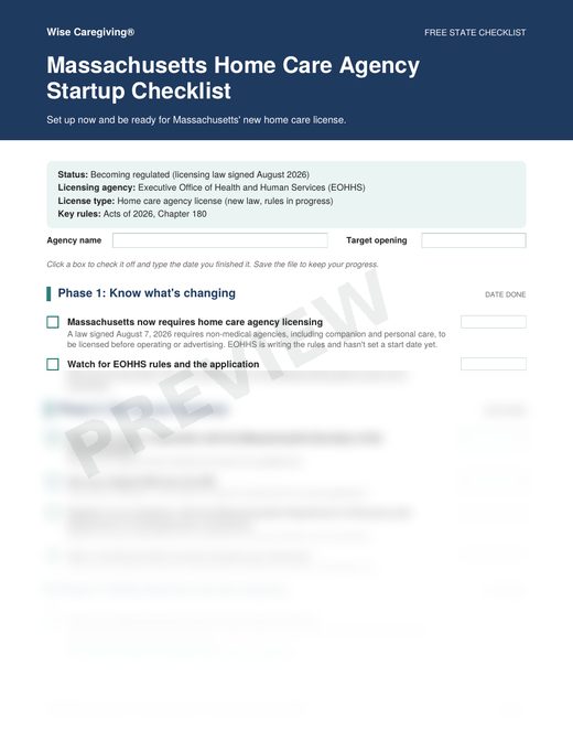 Preview of the free Massachusetts home care agency startup checklist, page 1