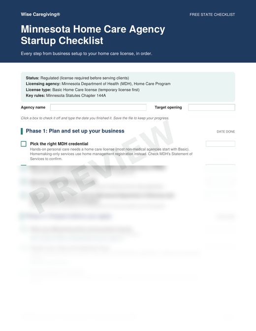 Preview of the free Minnesota home care agency startup checklist, page 1