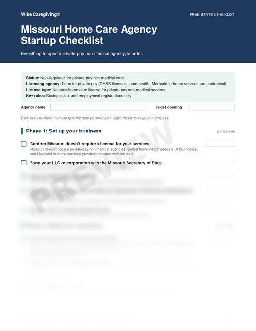 Preview of the free Missouri home care agency startup checklist, page 1