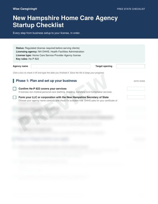 Preview of the free New Hampshire home care agency startup checklist, page 1