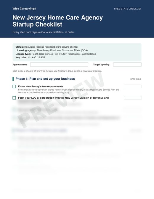 Preview of the free New Jersey home care agency startup checklist, page 1