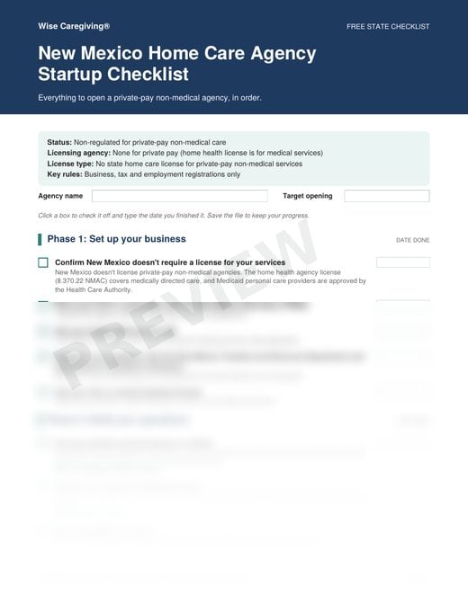 Preview of the free New Mexico home care agency startup checklist, page 1