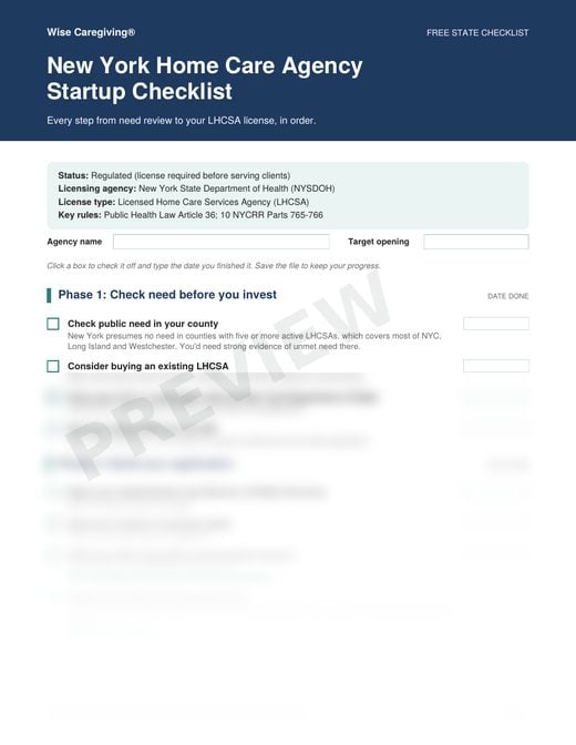 Preview of the free New York home care agency startup checklist, page 1