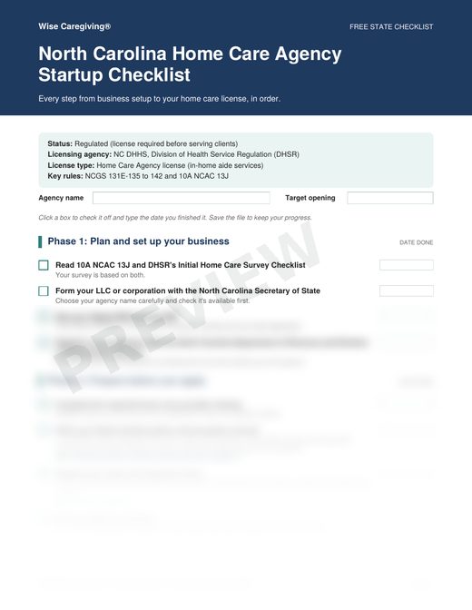 Preview of the free North Carolina home care agency startup checklist, page 1