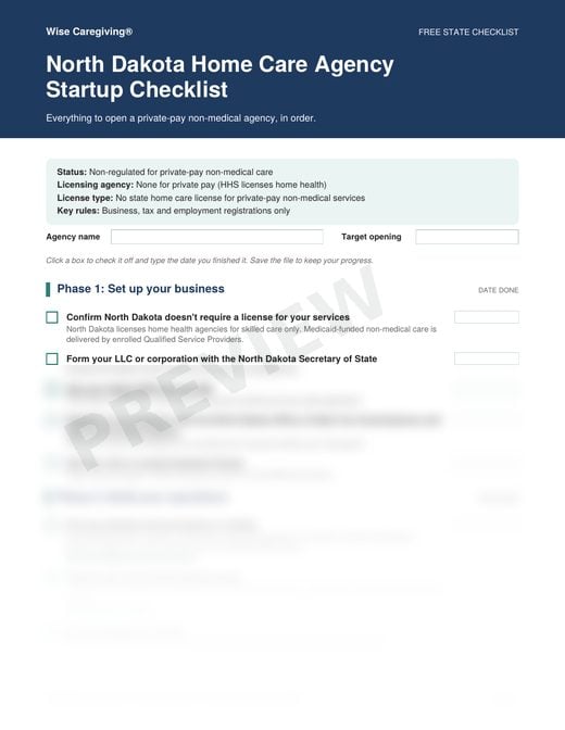 Preview of the free North Dakota home care agency startup checklist, page 1