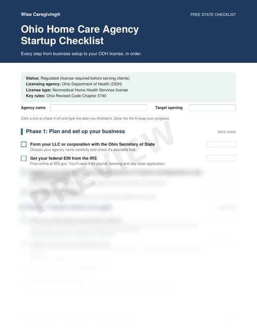 Preview of the free Ohio home care agency startup checklist, page 1