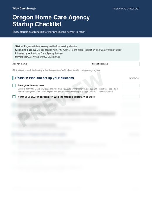Preview of the free Oregon home care agency startup checklist, page 1