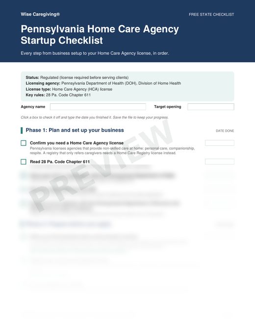 Preview of the free Pennsylvania home care agency startup checklist, page 1