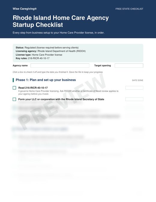 Preview of the free Rhode Island home care agency startup checklist, page 1