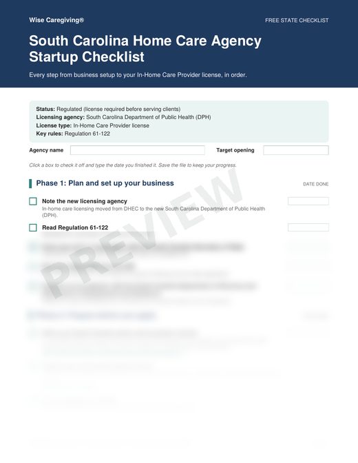 Preview of the free South Carolina home care agency startup checklist, page 1