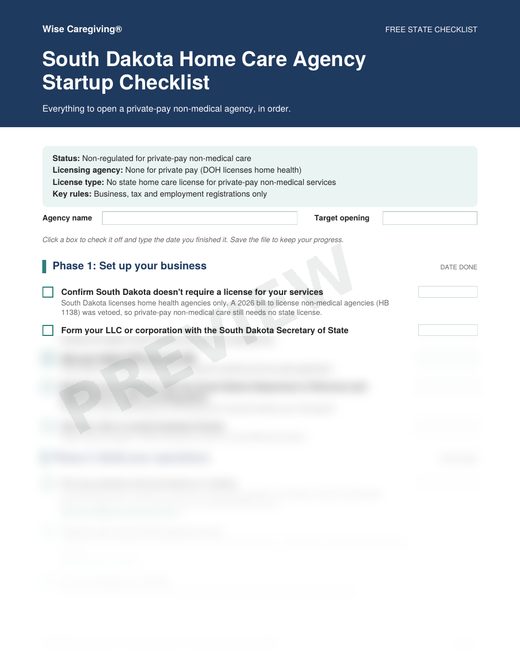 Preview of the free South Dakota home care agency startup checklist, page 1