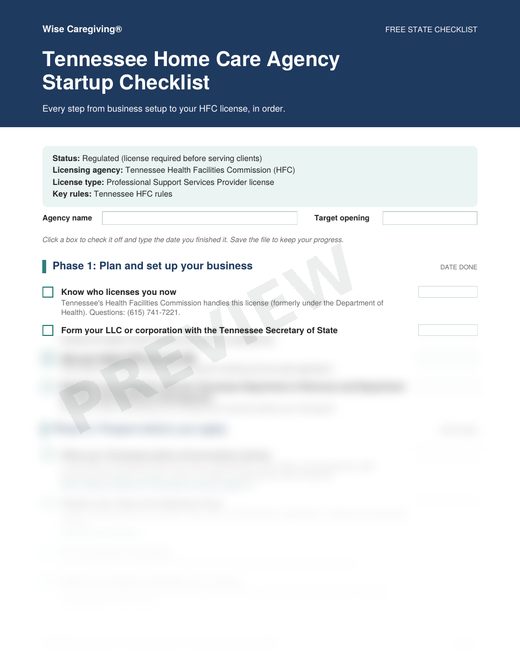 Preview of the free Tennessee home care agency startup checklist, page 1