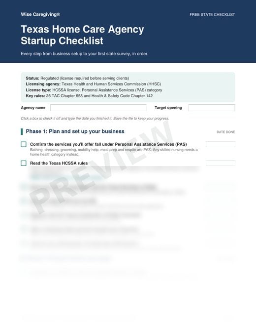 Preview of the free Texas home care agency startup checklist, page 1