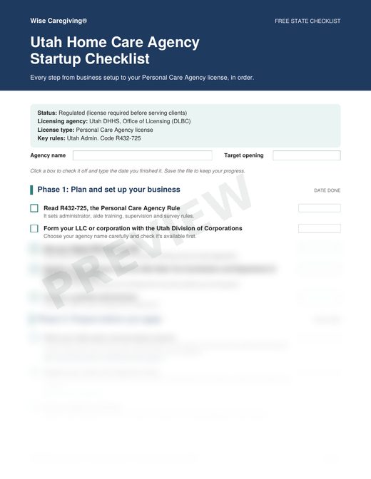 Preview of the free Utah home care agency startup checklist, page 1