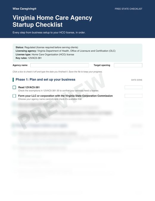 Preview of the free Virginia home care agency startup checklist, page 1