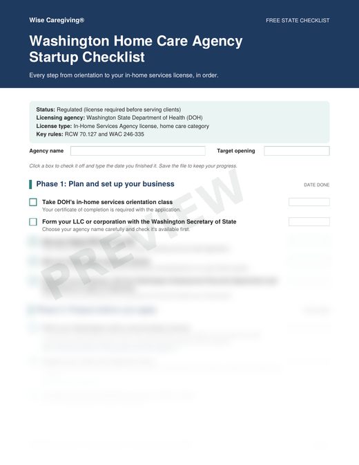 Preview of the free Washington home care agency startup checklist, page 1