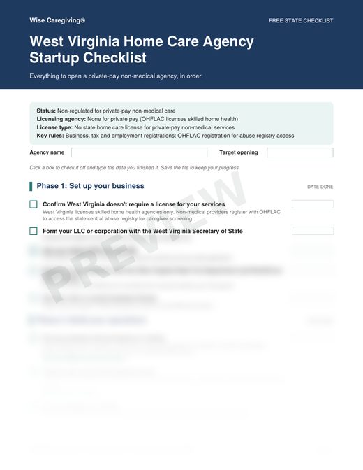 Preview of the free West Virginia home care agency startup checklist, page 1
