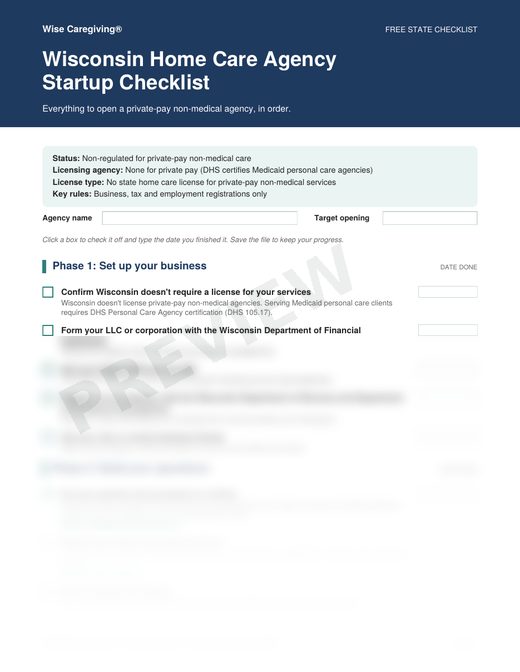 Preview of the free Wisconsin home care agency startup checklist, page 1