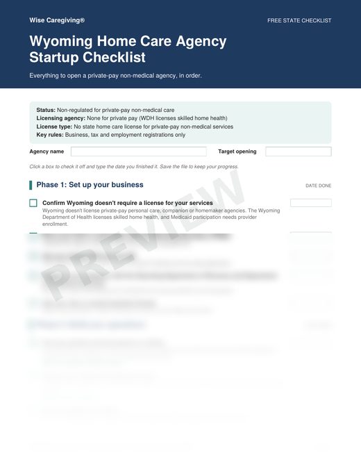 Preview of the free Wyoming home care agency startup checklist, page 1